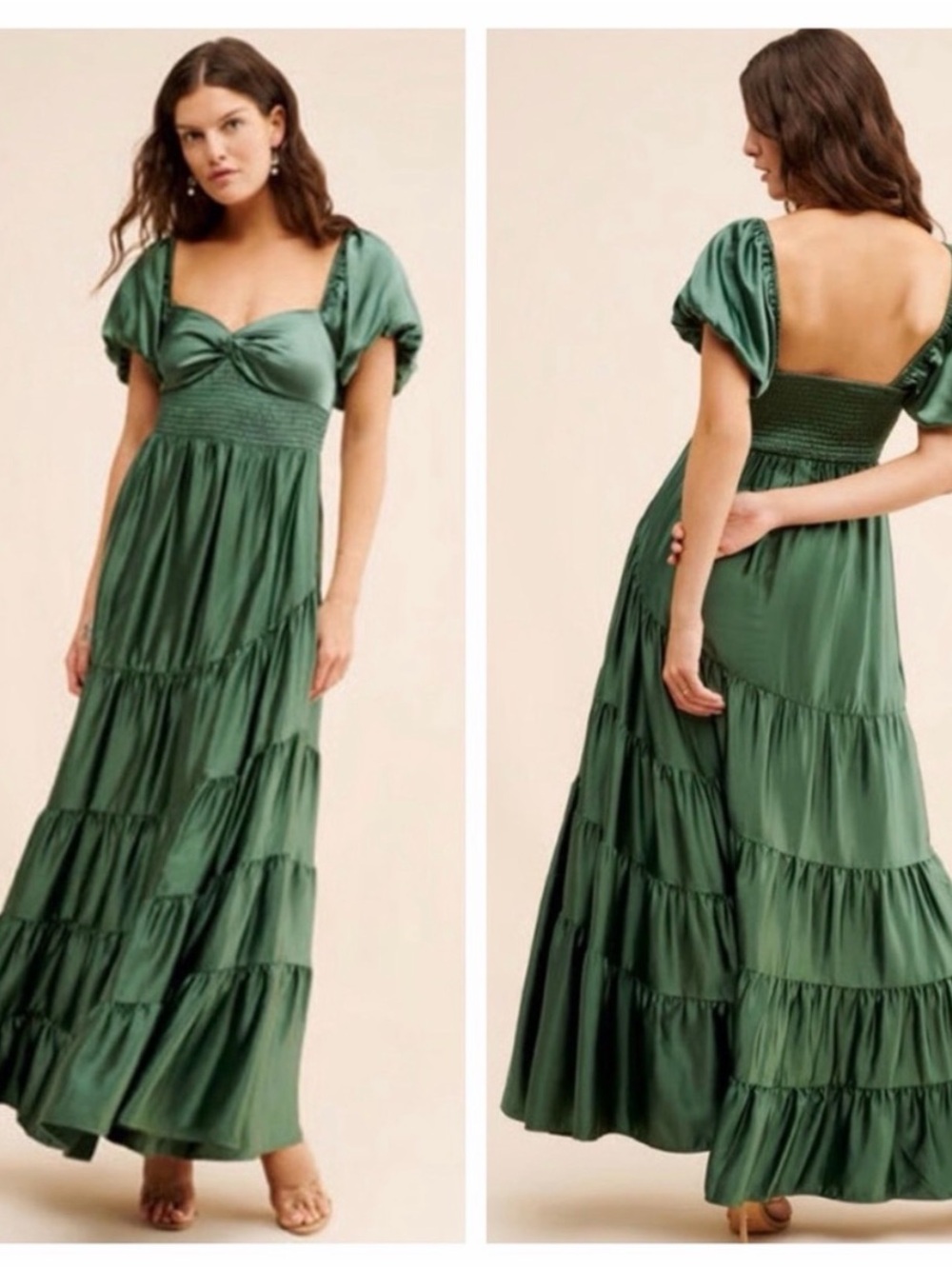 Free People Sundrenched Forest Green Puff-Sleeve Tiered Maxi Dress